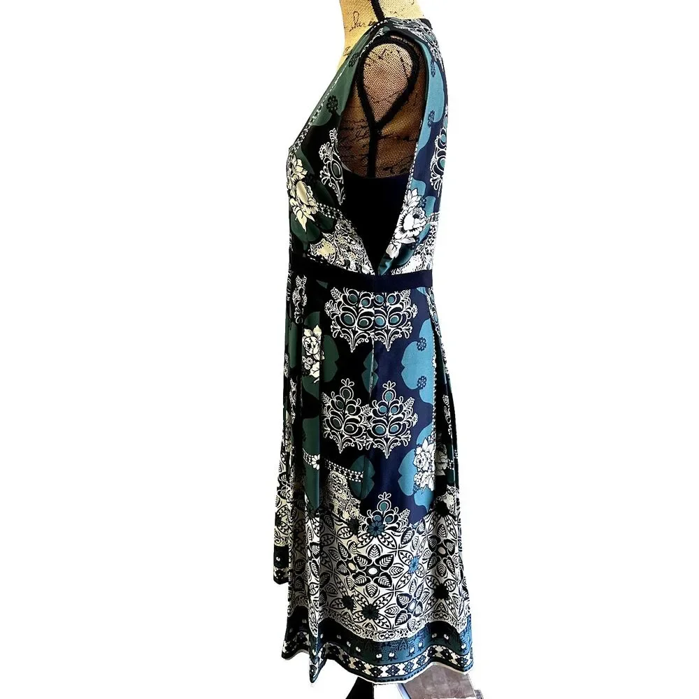 Pedro del Hierro Black Green Floral Printed A-line Sleeveless Midi Dress Sz L - Picture 5 of 16